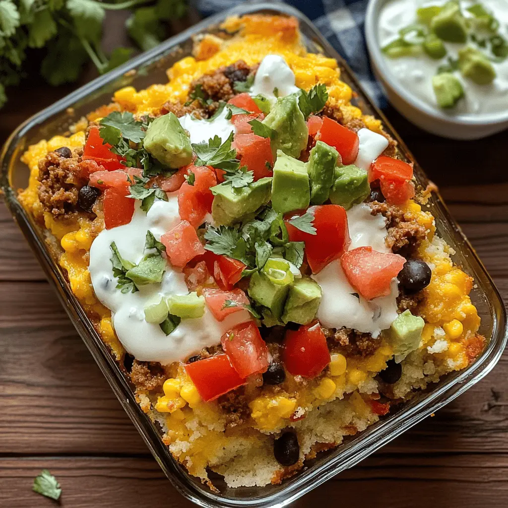 Get ready for a cozy family dinner with this Cornbread Taco Bake! This delightful dish combines savory taco flavors with a fluffy cornbread topping. Easy to make and perfect for weeknights, it's loaded with ground beef, beans, and cheese for a hearty meal. Save this recipe for your next gathering or a fun taco night at home!