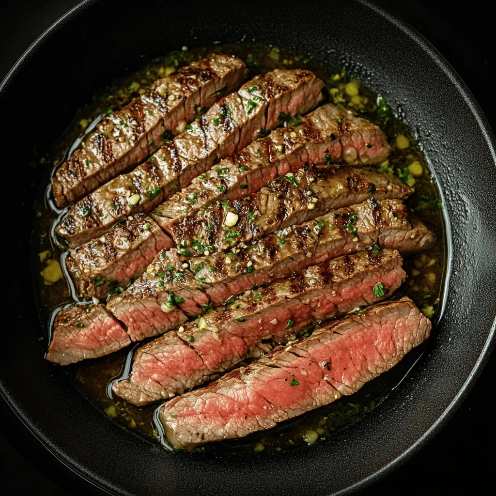 Juicy garlic butter skillet flank steak straight from your oven—perfect for a weeknight dinner! This simple recipe combines tender flank steak with rich garlic butter for a mouthwatering meal. Serve with your favorite sides for a complete feast. Save this easy recipe for your next gathering or special occasion!