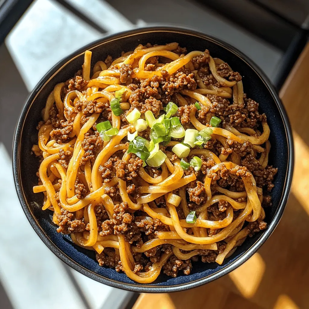 Satisfy your weeknight dinner needs with these Mongolian Ground Beef Noodles! This easy recipe combines tender ground beef, fresh vegetables, and savory sauces all tossed with noodles. Perfect for a quick and delicious meal that everyone will love! Save this recipe for your next family dinner or casual gathering.