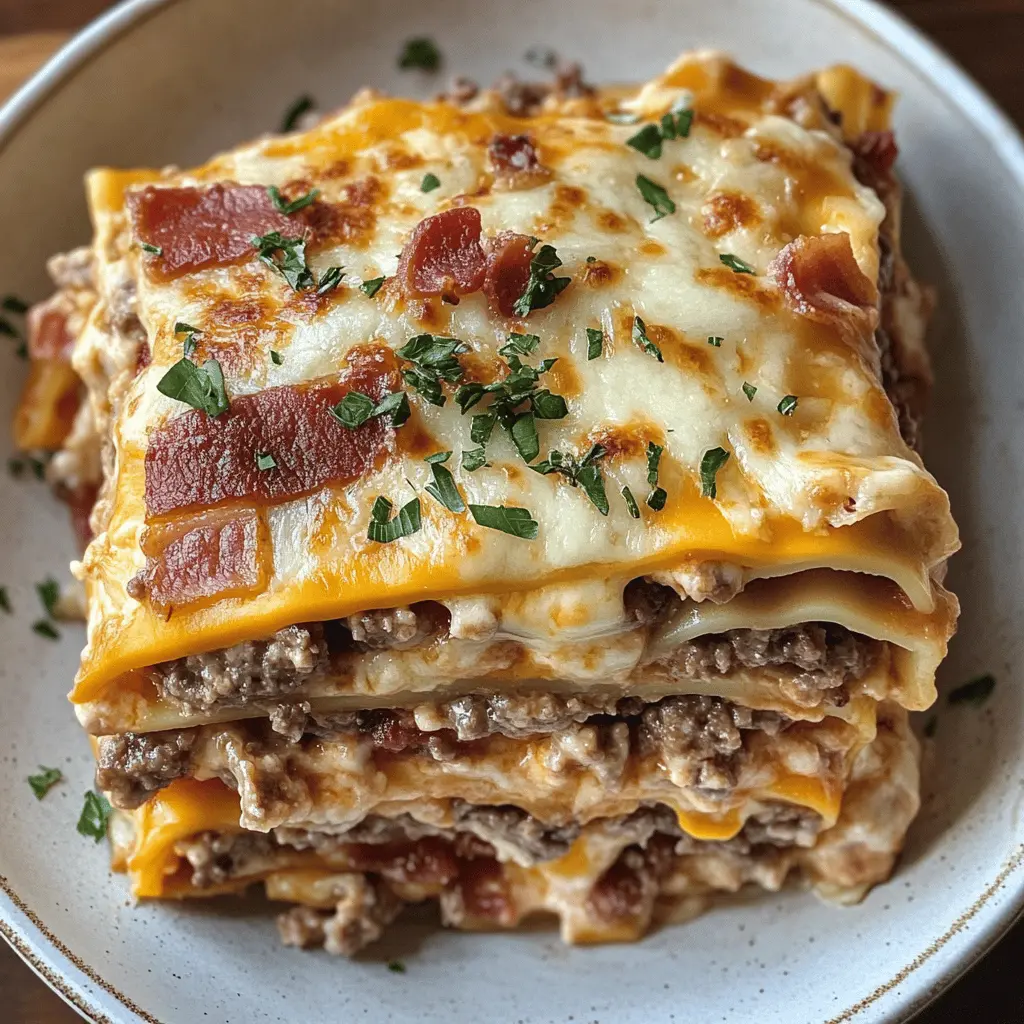 Looking for a delicious twist on a classic? This Parmesan Garlic Bacon Cheeseburger Lasagna combines layers of cheesy goodness with savory bacon and hearty beef. Perfect for family gatherings or a cozy night in, this dish is sure to impress! Save this recipe for your next meal and enjoy the comforting flavors that everyone will love!