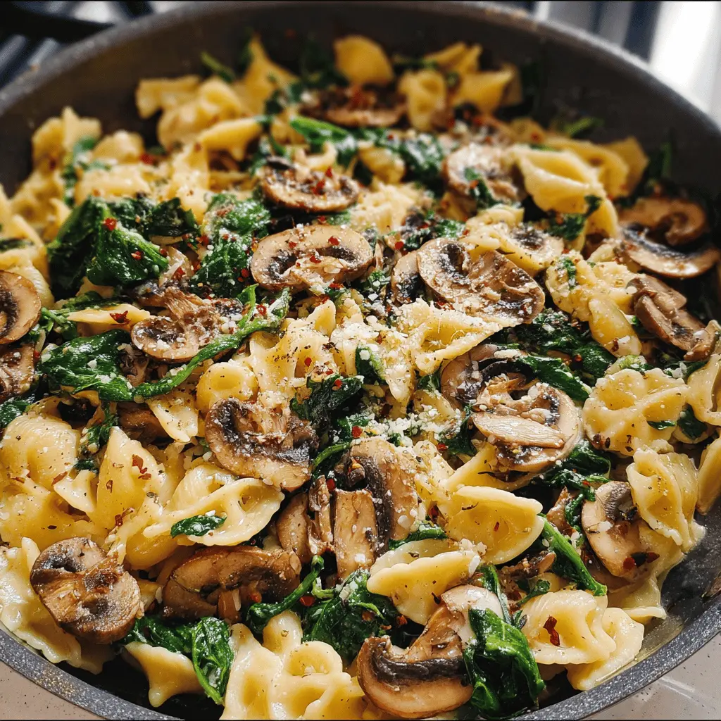 Cheesy Parmesan Spinach Mushroom Pasta Skillet