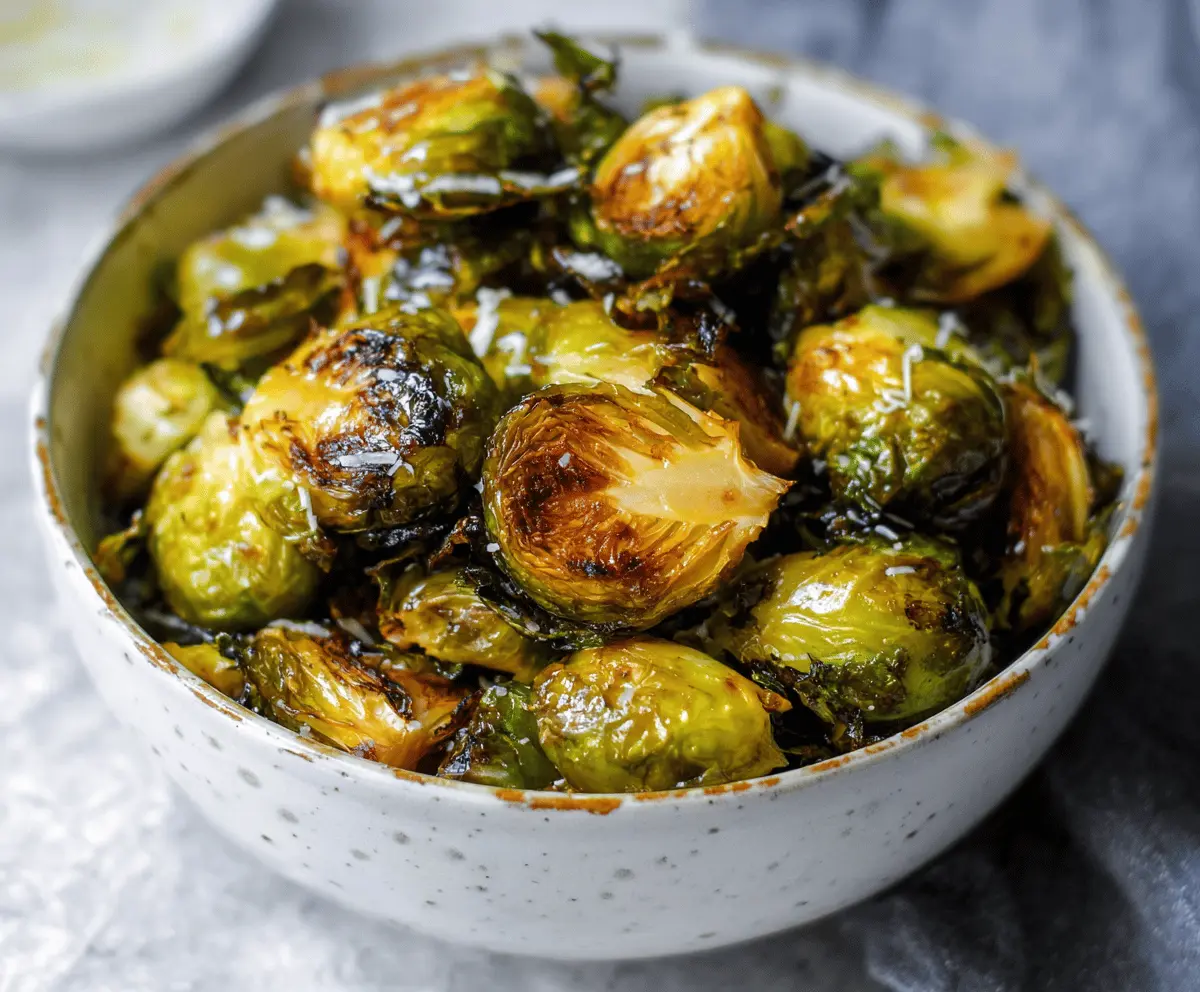 Crispy Air Fryer Brussels Sprouts garnished with lemon and herbs on a white plate