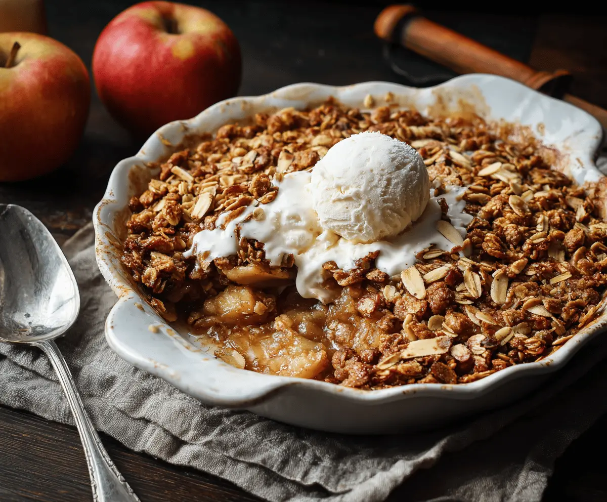 Delicious homemade almond apple crisp topped with crunchy almonds and golden caramelized apples in a baking dish
