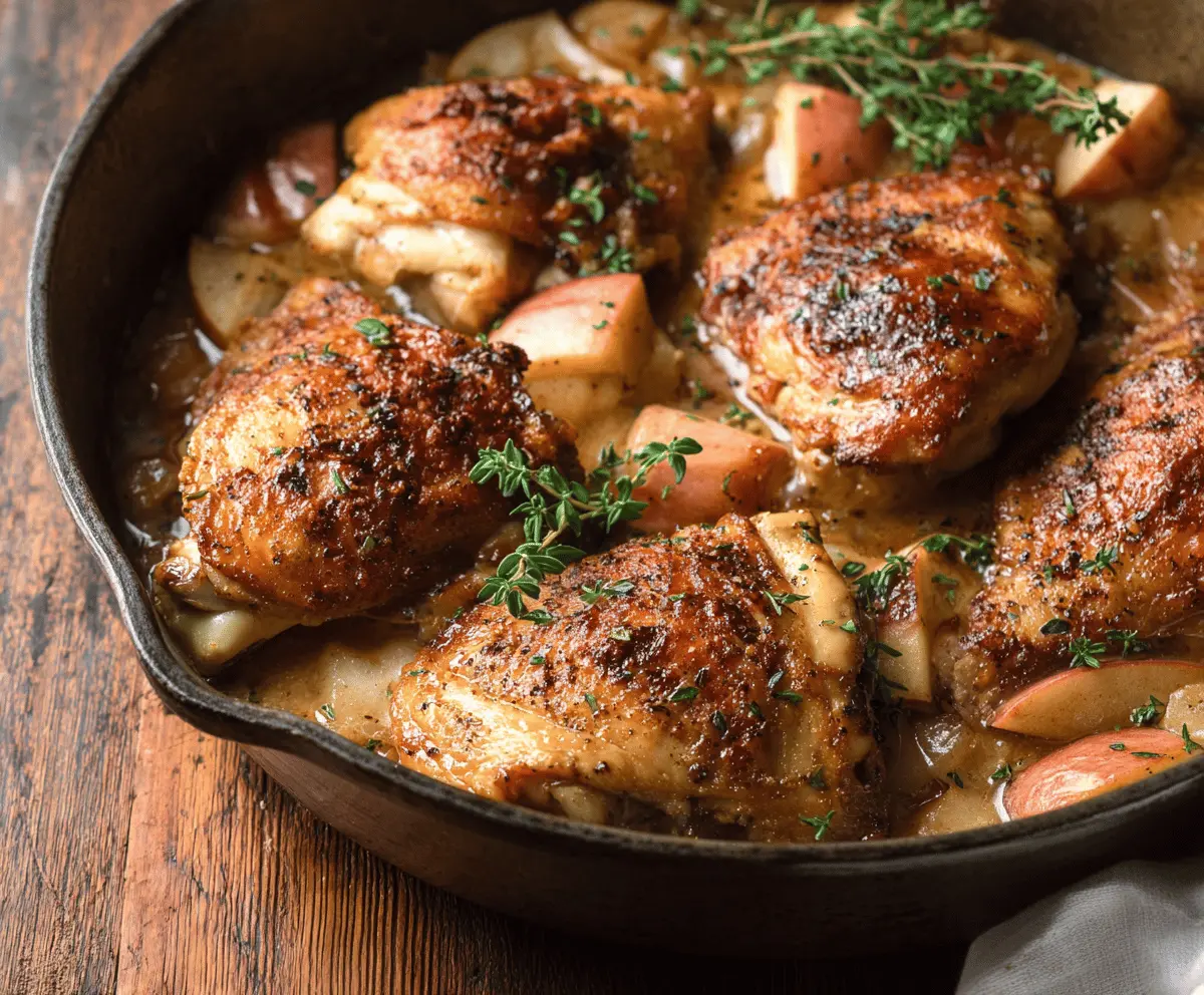 Juicy apple cider chicken breasts garnished with fresh herbs on a rustic wooden table, perfect for a flavorful and comforting meal.
