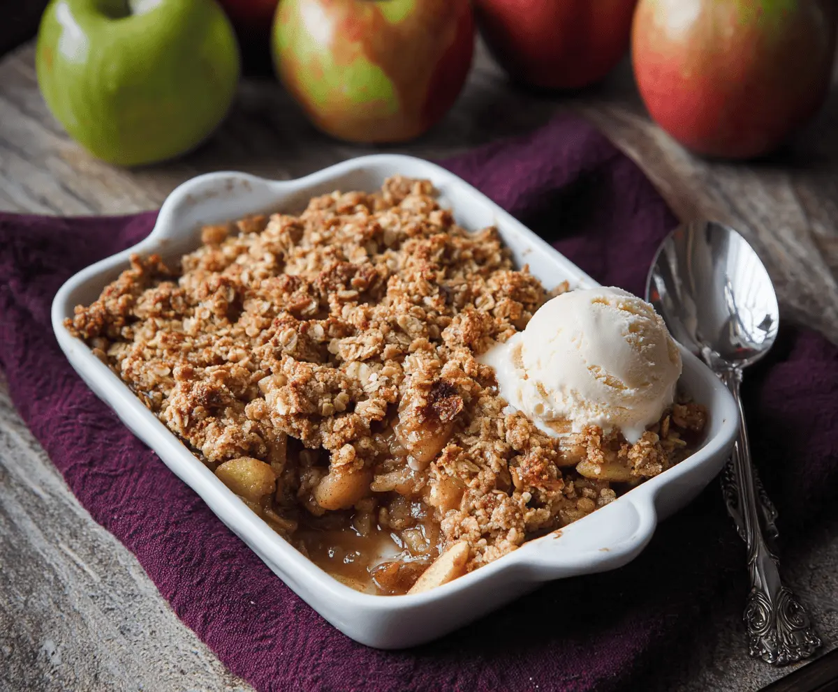 Delicious apple cider glazed apple crisp topped with golden-brown crumble and fresh apple slices on a rustic serving plate