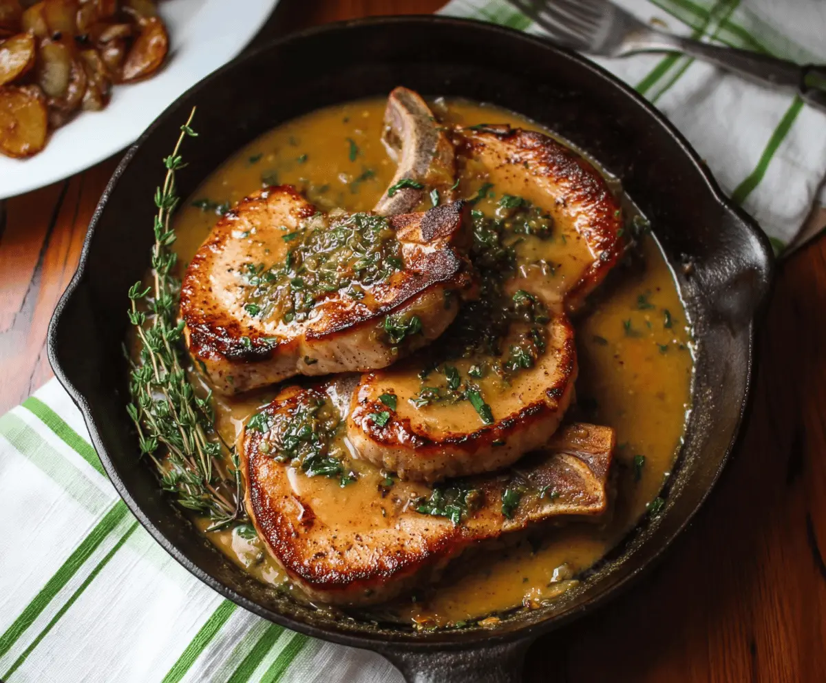 Juicy apple cider pork chops garnished with fresh herbs on a rustic wooden table, perfect for a delicious dinner recipe.