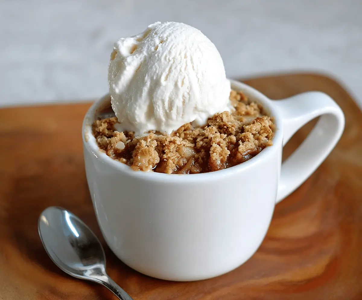 Warm Apple Crisp in a Mug topped with whipped cream, perfect for a quick and delicious dessert
