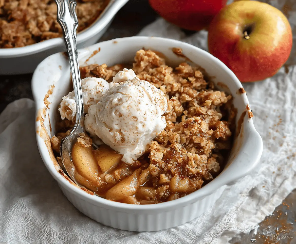 Delicious homemade apple pear crisp with golden topping served in a bowl, perfect for fall desserts