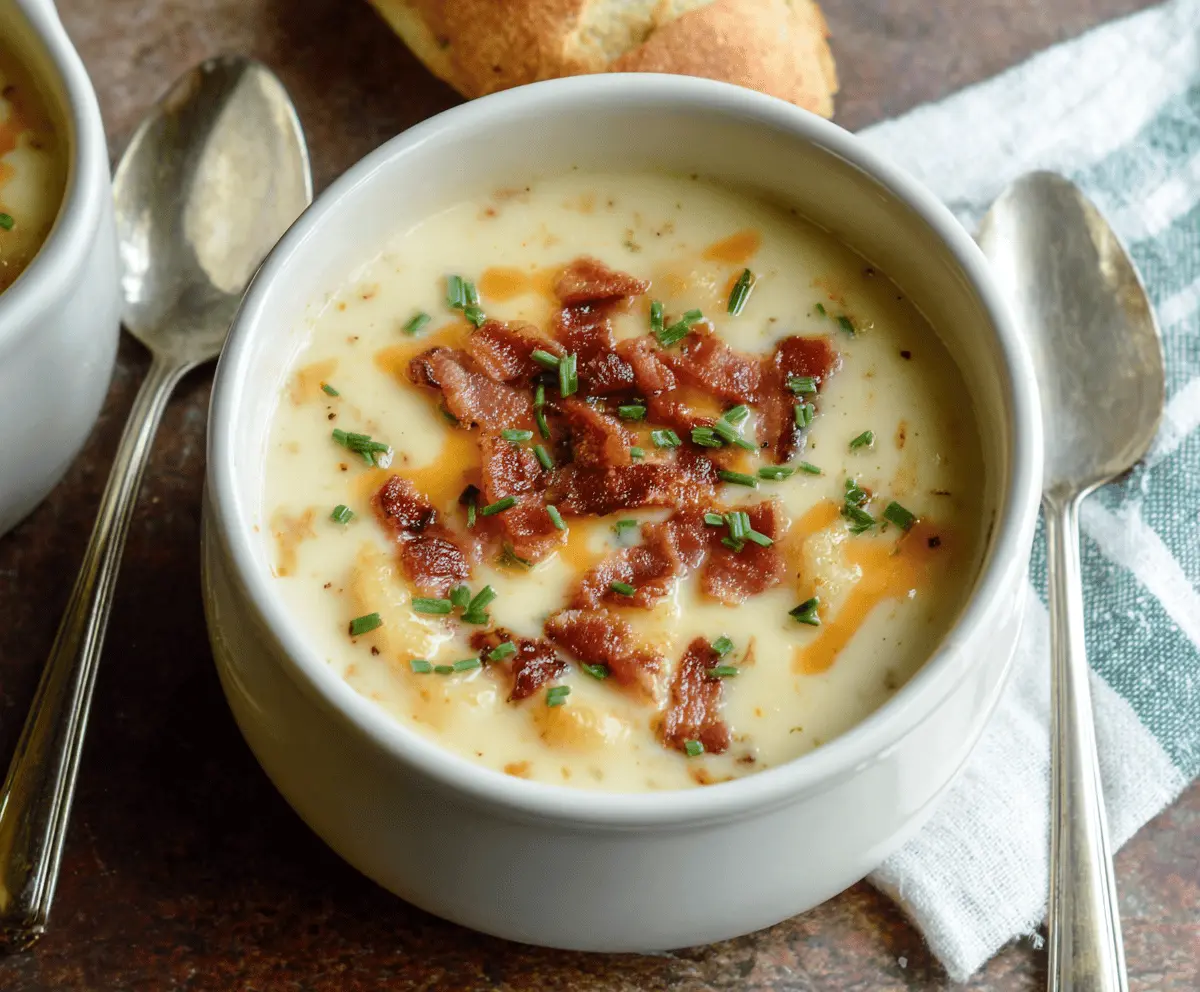 Creamy bacon and potato soup topped with crispy bacon bits and fresh herbs in a rustic bowl.