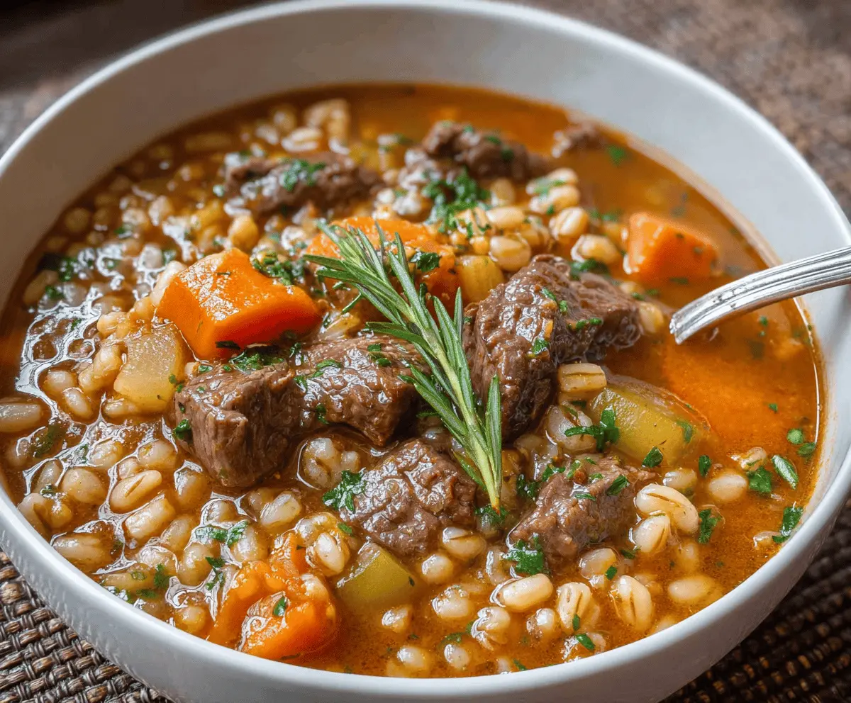 Hearty beef and barley soup in a bowl with fresh herbs, perfect for a comforting meal