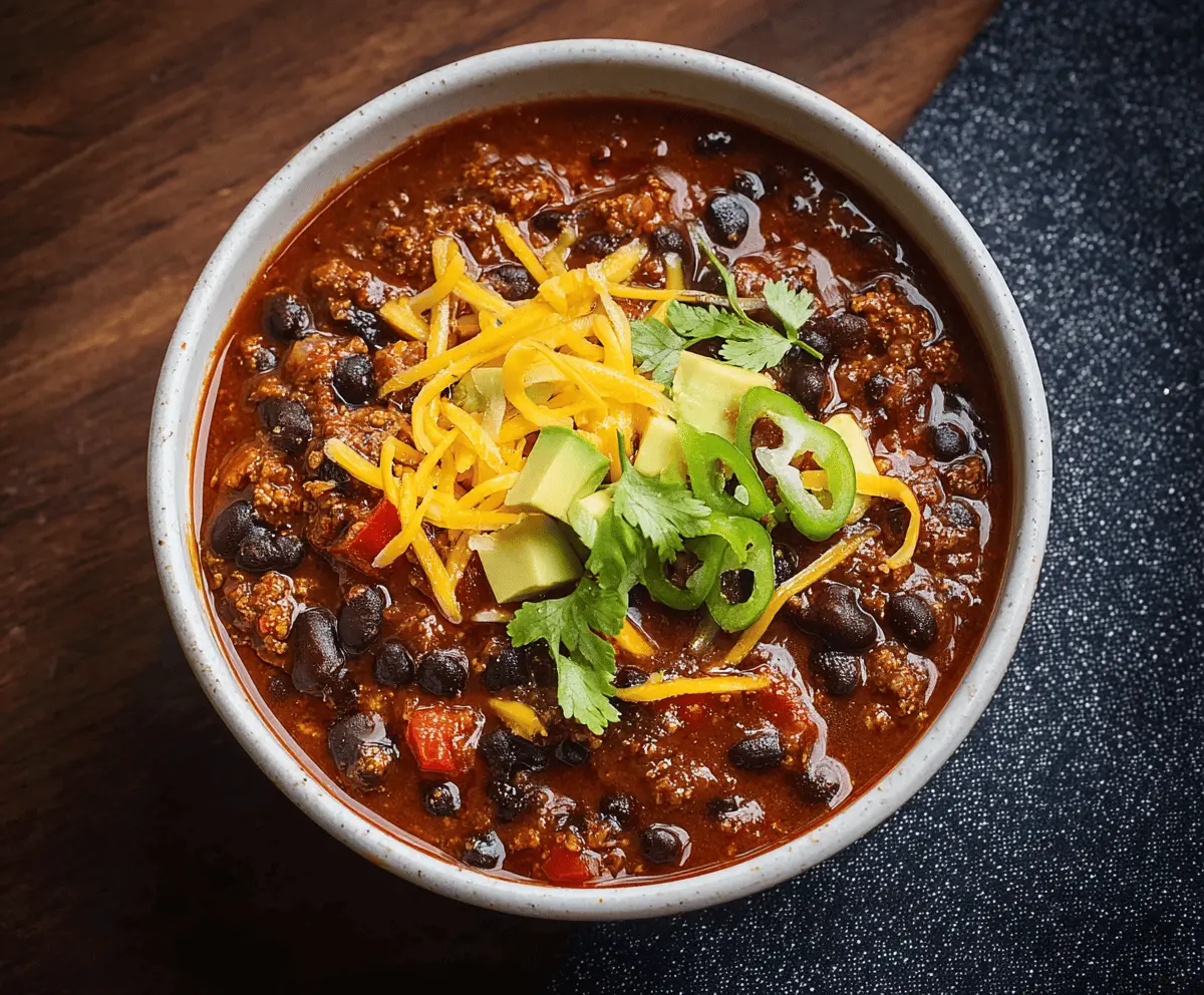 Hearty black bean chili topped with fresh herbs in a rustic bowl, ready to serve