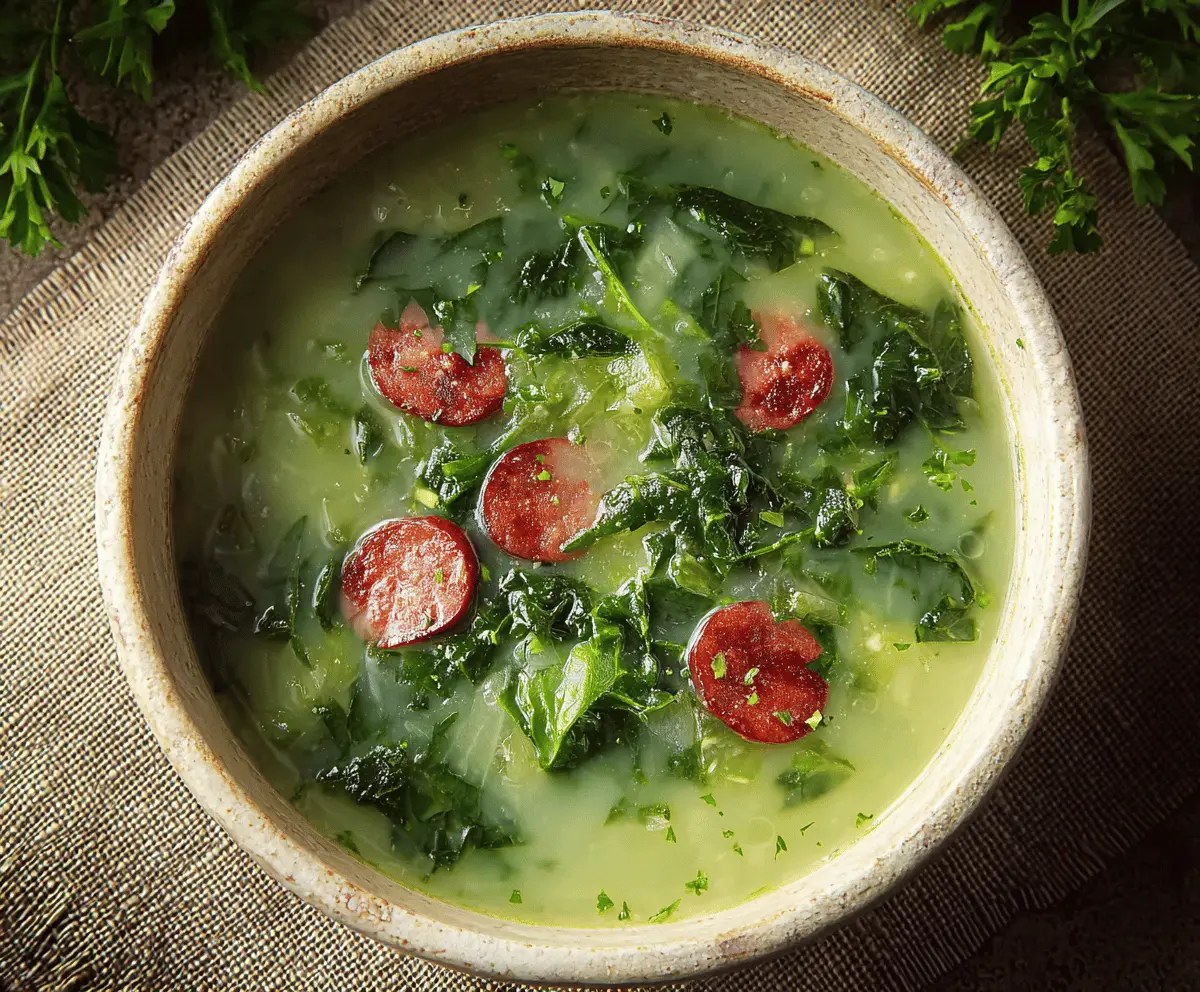 Traditional Caldo Verde soup with sliced chorizo, kale, and potatoes in a rustic bowl, perfect for a comforting Portuguese meal
