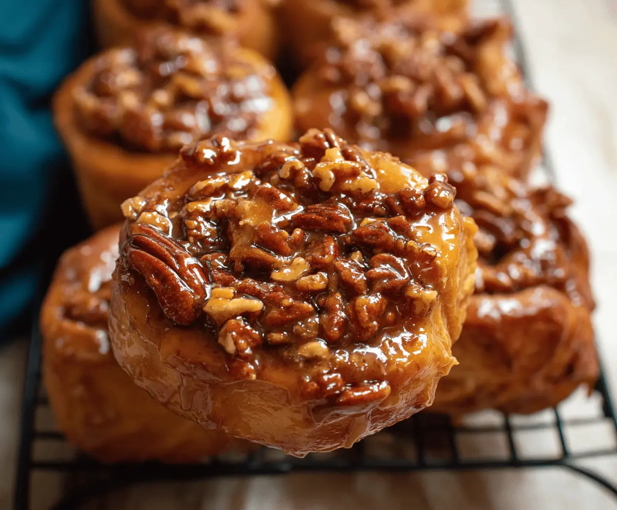 Delicious caramel pecan sticky buns topped with toasted pecans and drizzled with caramel sauce, perfect for breakfast or brunch.