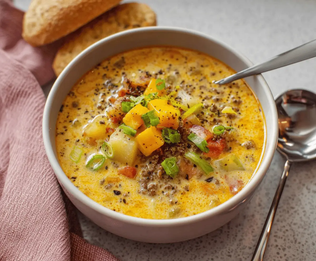 Creamy cheeseburger soup with melted cheese, ground beef, diced onions, and fresh herbs in a bowl, perfect for a comforting meal.