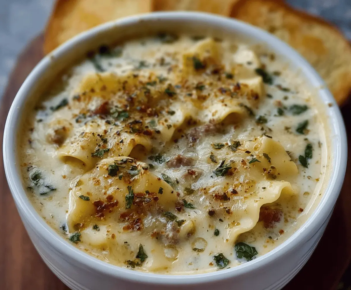 Creamy cheesy Alfredo lasagna soup in a bowl topped with melted cheese, fresh basil, and lasagna noodles, perfect for a comforting Italian-inspired meal.