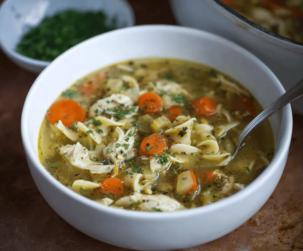 Hearty Chicken Noodle Soup with Fresh Vegetables in a bowl, perfect for comforting meals