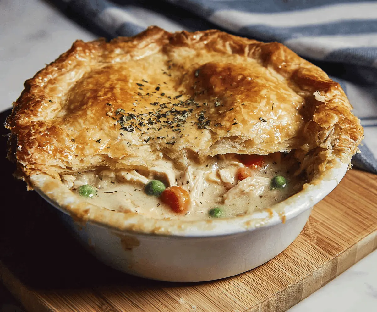 Delicious homemade chicken pot pie topped with golden, flaky crust and filled with tender chicken, vegetables, and creamy gravy, served hot.