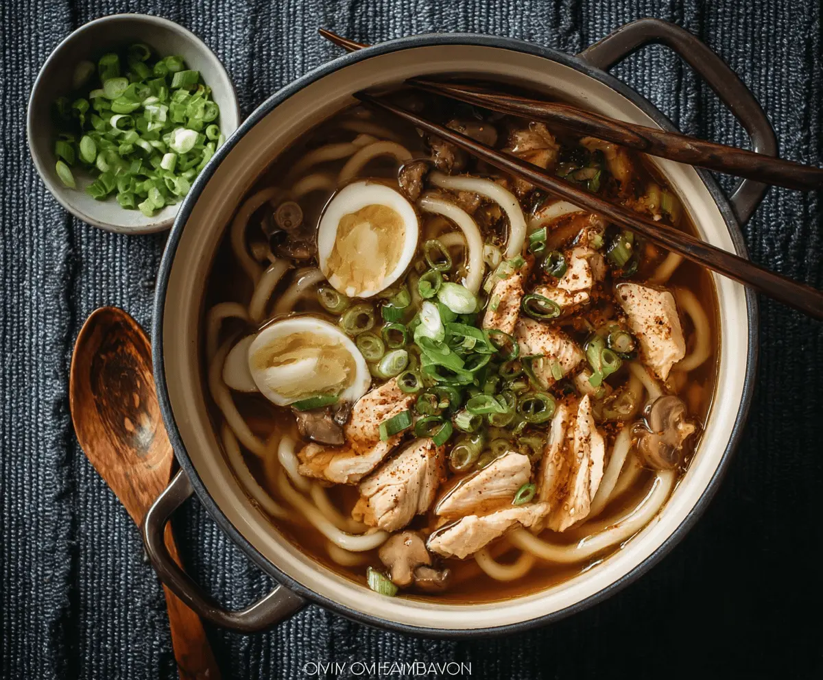 A steaming bowl of Chicken Udon Noodle Soup with tender chicken, thick udon noodles, fresh green onions, and vegetables in a flavorful broth.