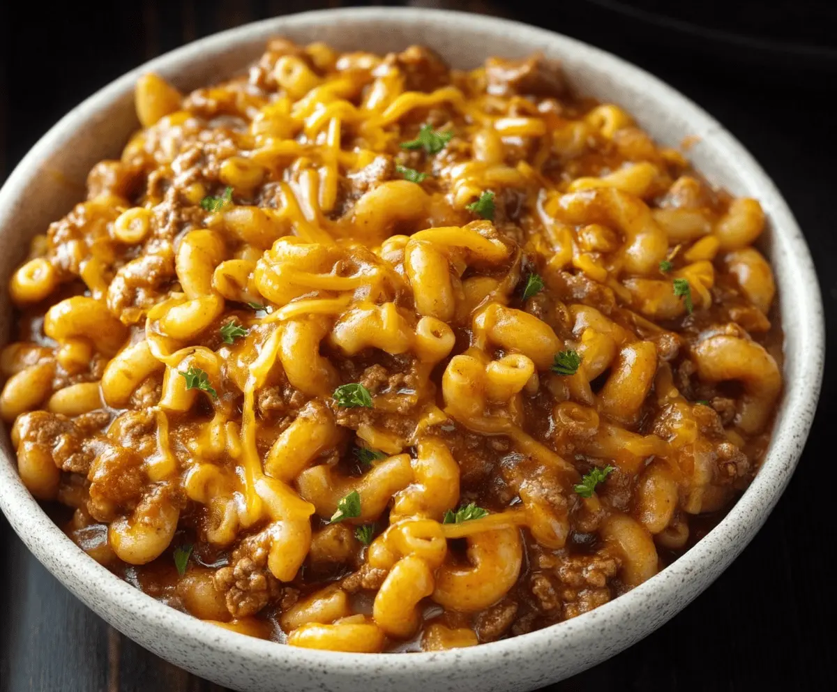 Delicious bowl of homemade chili mac featuring pasta, seasoned chili, melted cheese, and fresh toppings ready to serve.