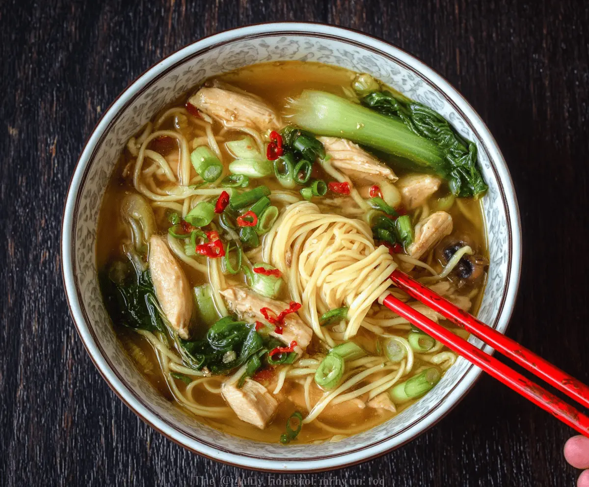 A steaming bowl of Chinese chicken noodle soup with tender chicken, colorful vegetables, and flavorful broth garnished with green onions, served in a white ceramic bowl.