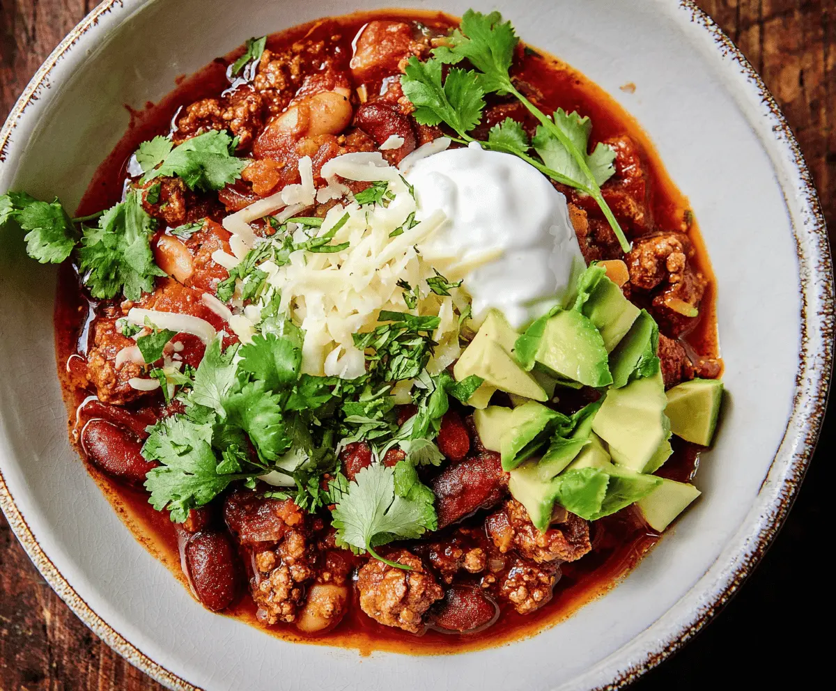 Spicy chorizo chili served in a bowl with garnishes, featuring chunks of sausage, beans, and vibrant seasonings