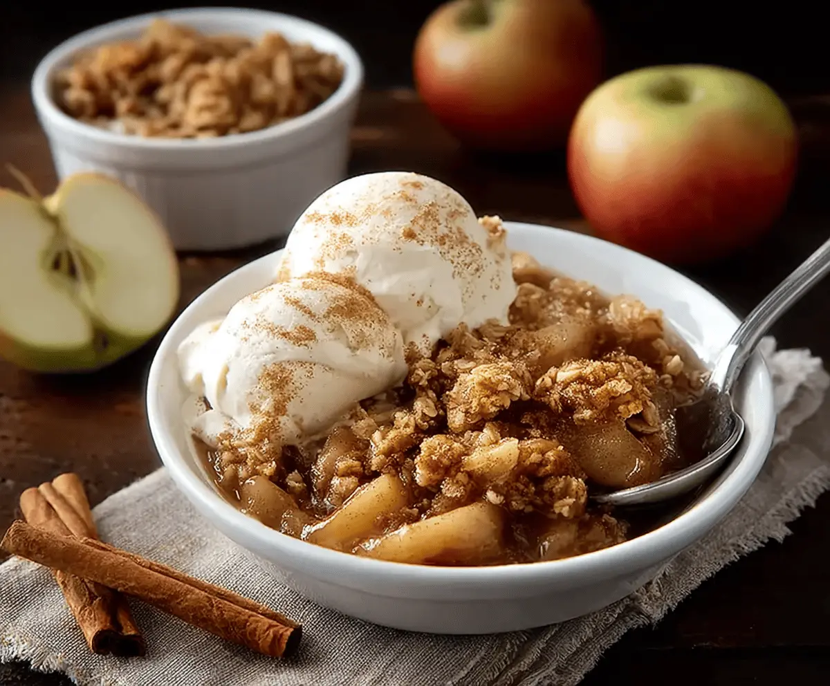 Delicious homemade cinnamon apple crisp topped with golden brown oats and cinnamon, ready to serve as a warm dessert