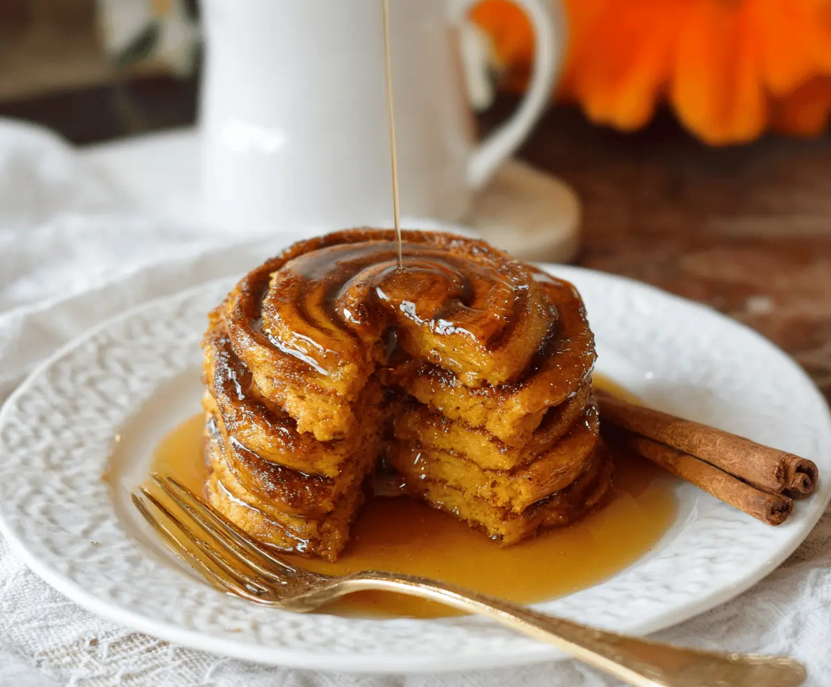 Delicious cinnamon swirl pumpkin pancakes topped with whipped cream and maple syrup on a rustic plate, perfect for fall breakfast