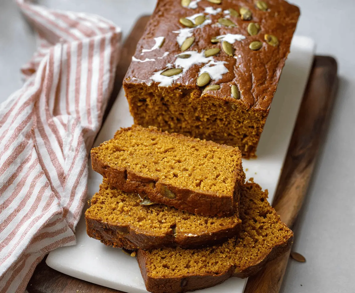 Delicious homemade copycat Starbucks pumpkin bread with walnuts and a slice served on a plate, perfect for fall baking.