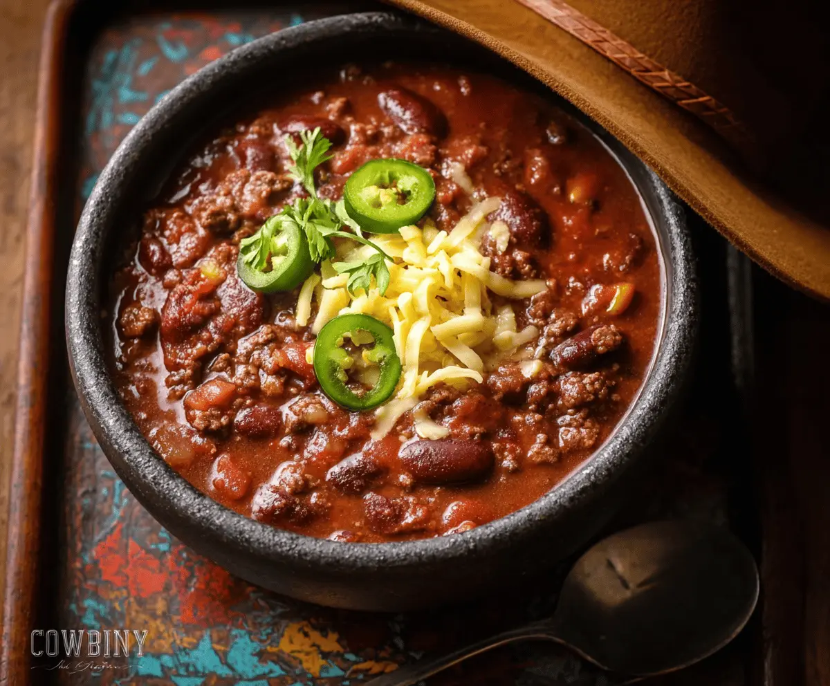 Hearty cowboy chili served in a bowl with beans, ground beef, tomatoes, and spices, topped with shredded cheese and fresh cilantro.