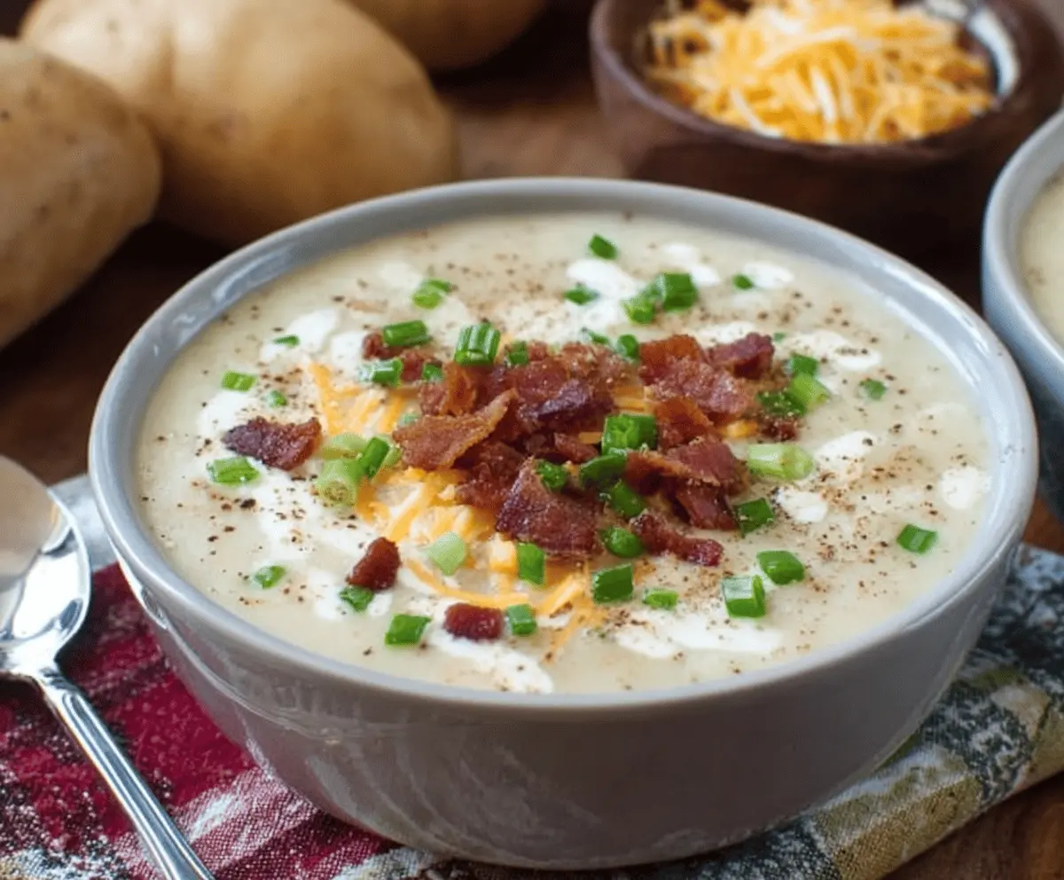 A bowl of creamy bacon potato soup garnished with chopped green onions and crispy bacon bits, served with a spoon on a rustic wooden table.
