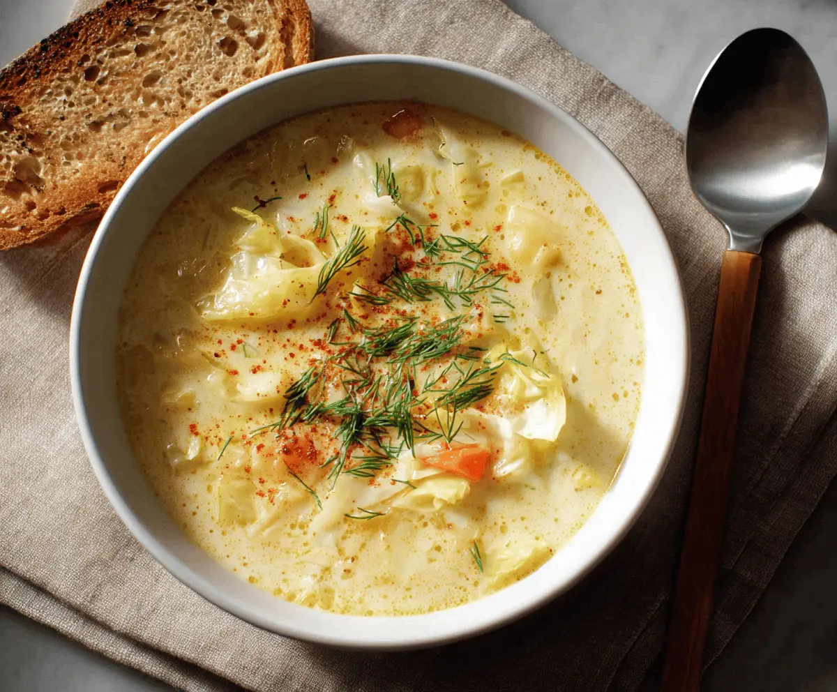 Creamy cabbage soup in a bowl garnished with fresh herbs, served with crusty bread on a rustic table