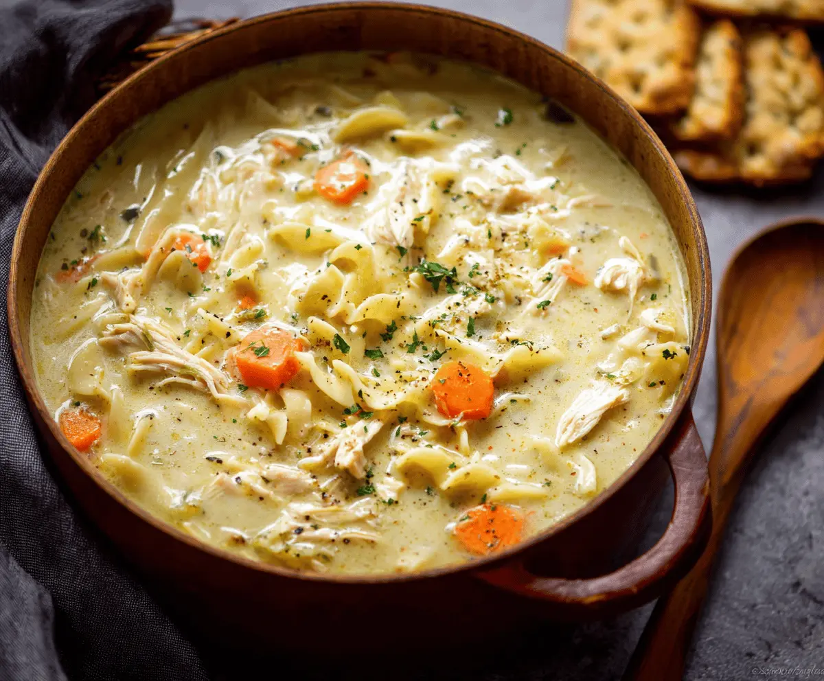 Creamy chicken noodle soup in a bowl with tender chicken, vegetables, and herbs, served hot on a wooden table