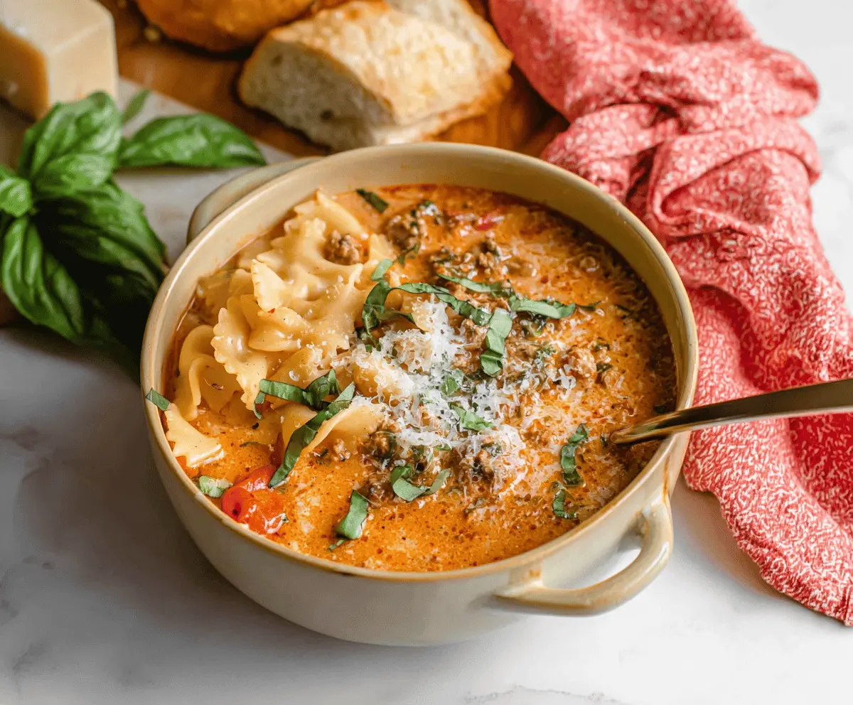 Creamy lasagna soup topped with melted cheese, fresh basil, and lasagna noodles in a savory broth