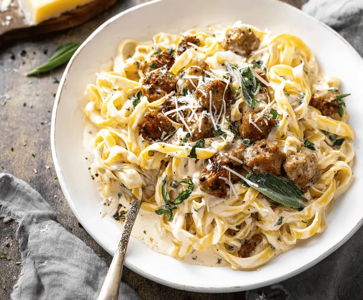 Creamy Sausage Alfredo pasta served in a white bowl with melted cheese and fresh herbs, perfect for a flavorful dinner