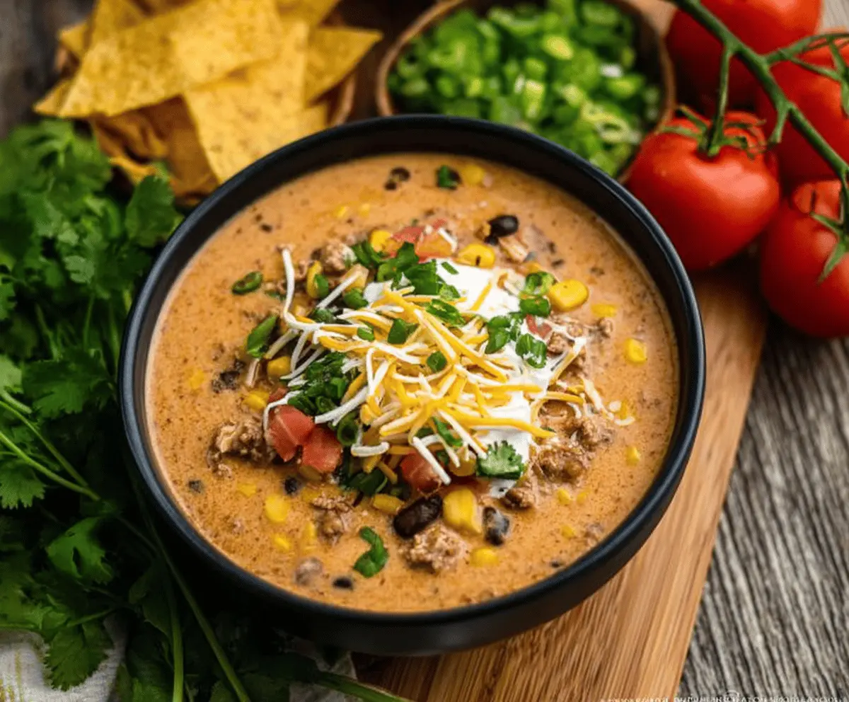 Creamy Taco Soup in a bowl topped with shredded cheese, fresh cilantro, and diced tomatoes, served with tortilla chips on the side.