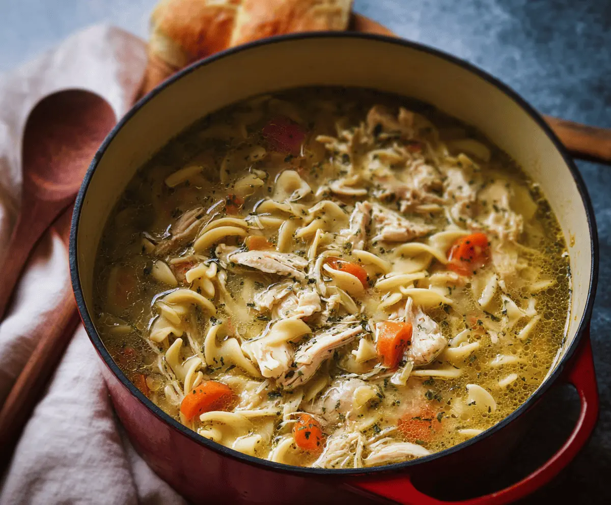 Hearty Dutch Oven Chicken Noodle Soup with tender chicken, fresh vegetables, and steaming noodles in a rustic pot