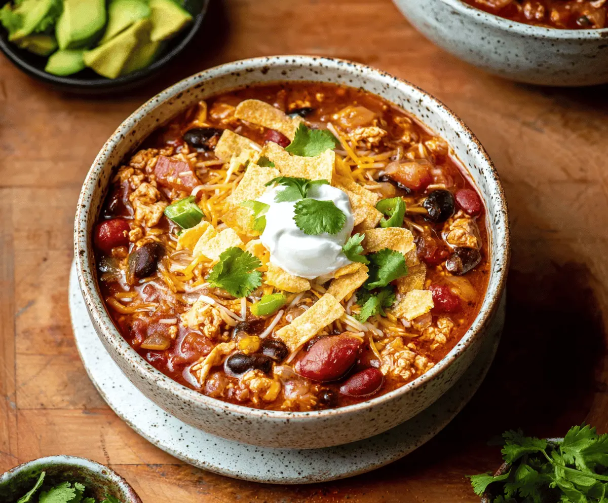Spicy enchilada chili in a bowl with melted cheese and garnishes, served with tortilla chips, perfect for a flavorful comfort meal.