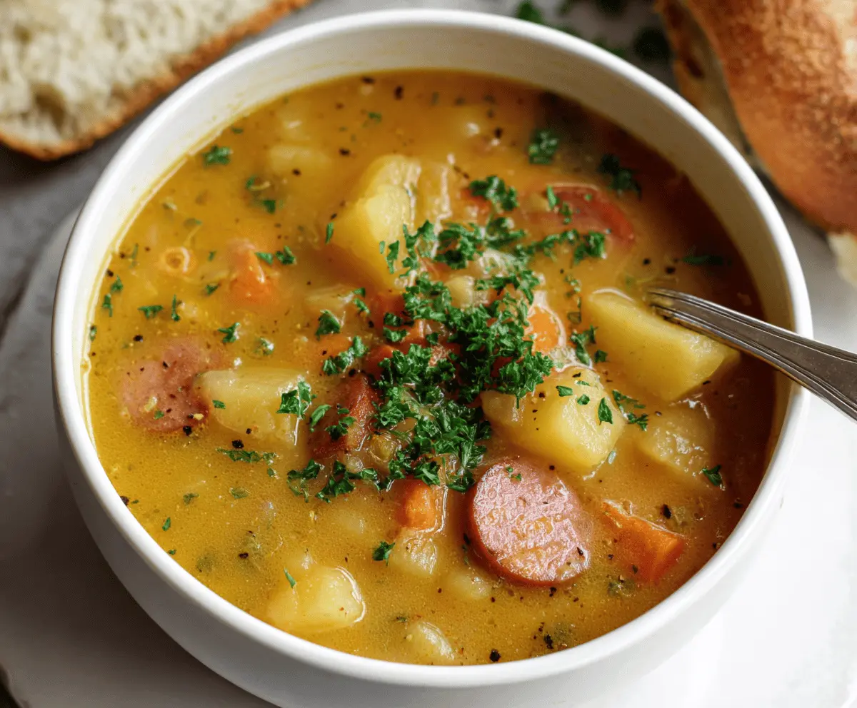 Creamy German Potato Soup served in a bowl with fresh herbs and diced potatoes, perfect for a comforting meal.