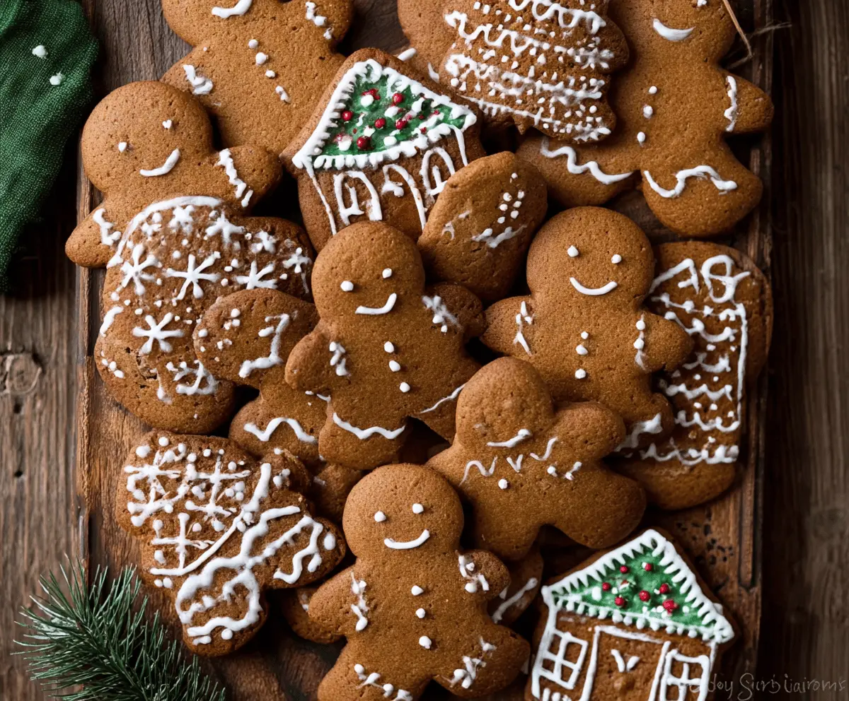 Decorative homemade gingerbread cookies shaped like stars and hearts, glazed with icing and sprinkled with colorful sugar crystals, perfect for holiday celebrations.