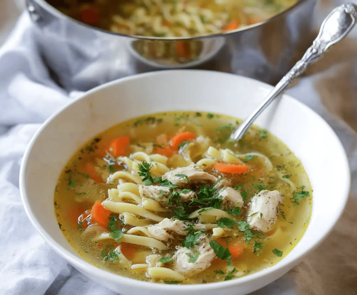 A steaming bowl of gluten-free chicken noodle soup garnished with fresh herbs, featuring tender chicken, colorful vegetables, and gluten-free noodles in a clear broth.