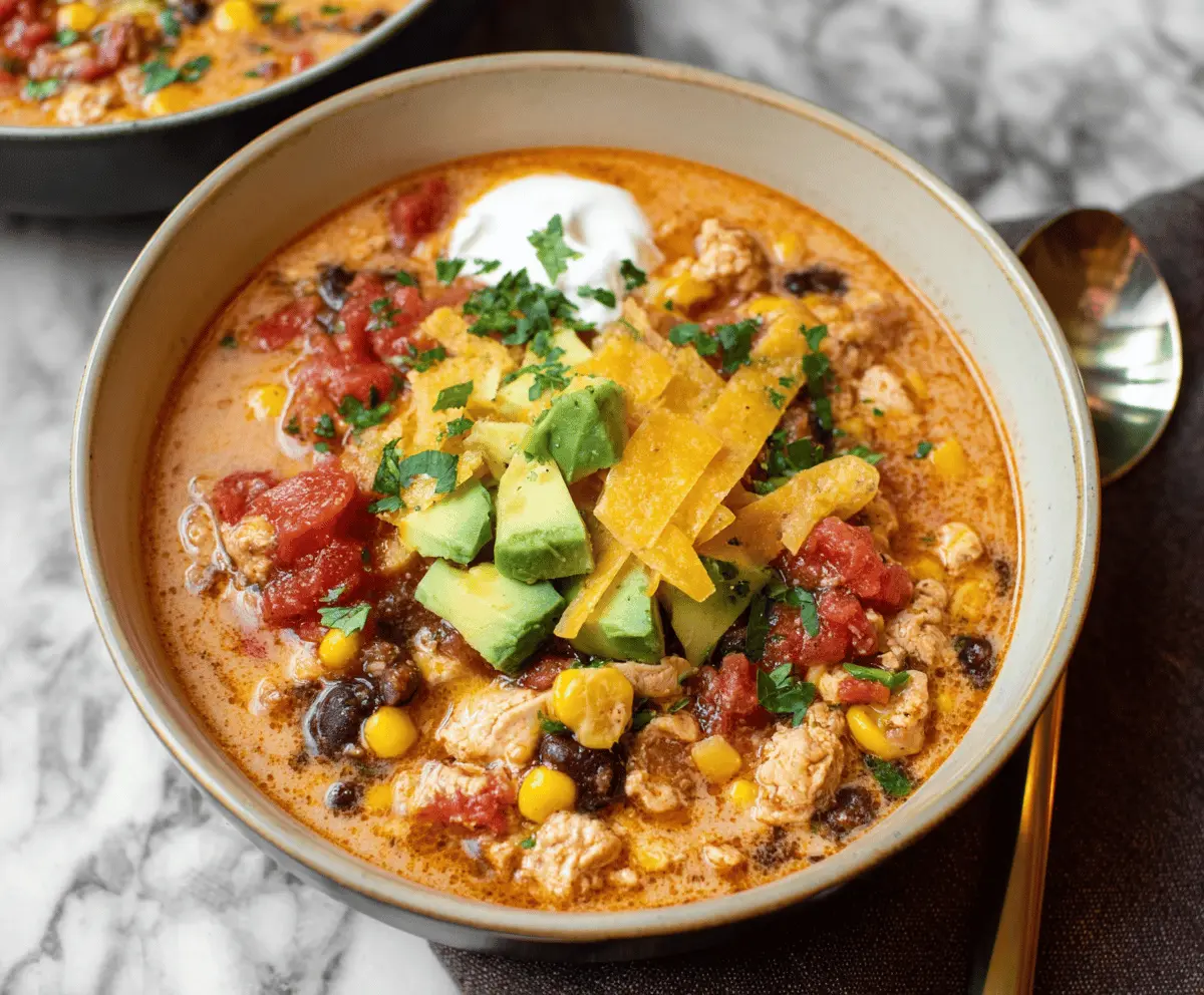 A bowl of hearty ground chicken taco soup topped with shredded cheese, fresh cilantro, and diced tomatoes, served with tortilla chips on the side.