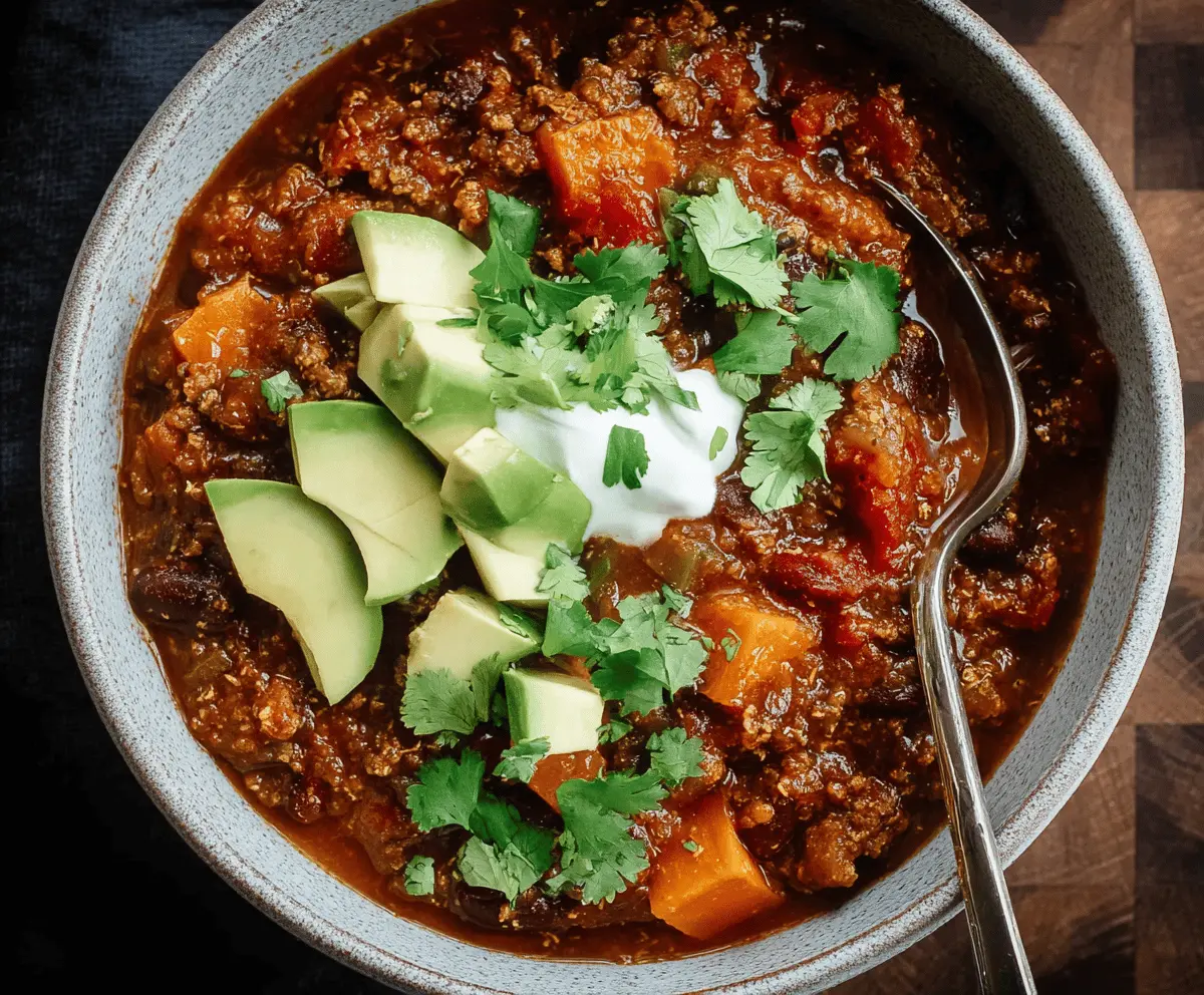 Delicious and hearty healthy chili with beans, vegetables, and spices in a bowl, perfect for a nutritious meal