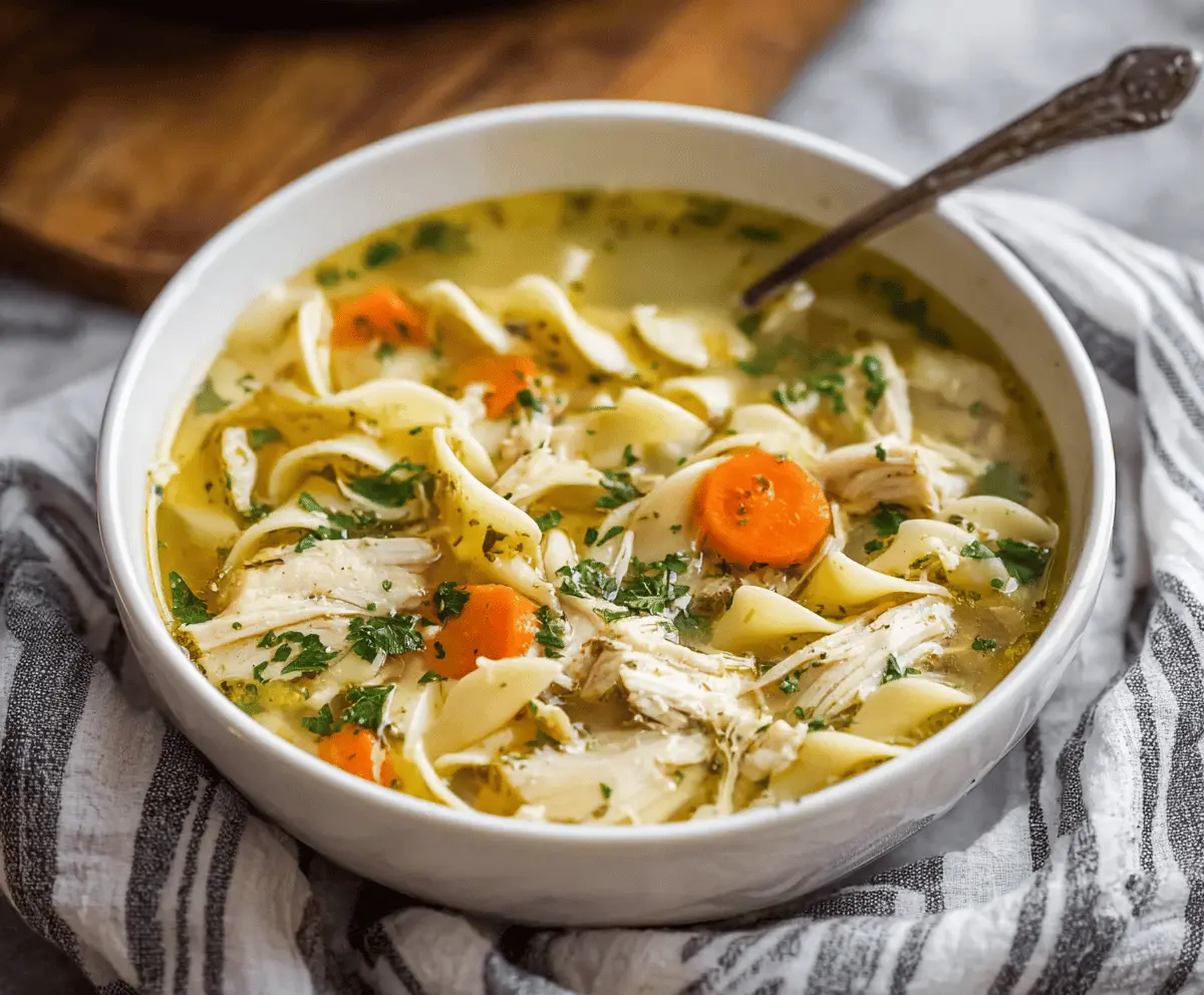 Creamy and flavorful Instant Pot Chicken Noodle Soup in a bowl with vegetables and herbs, perfect for a comforting meal
