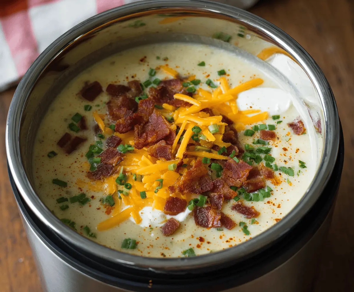 Creamy and hearty Instant Pot Potato Soup topped with chopped herbs and shredded cheese, served in a bowl