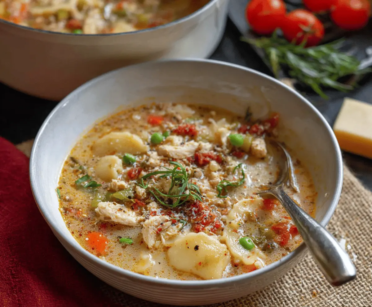 A steaming bowl of Italian Ground Chicken Soup garnished with fresh herbs and grated cheese, featuring ground chicken, vegetables, and pasta in a flavorful broth.