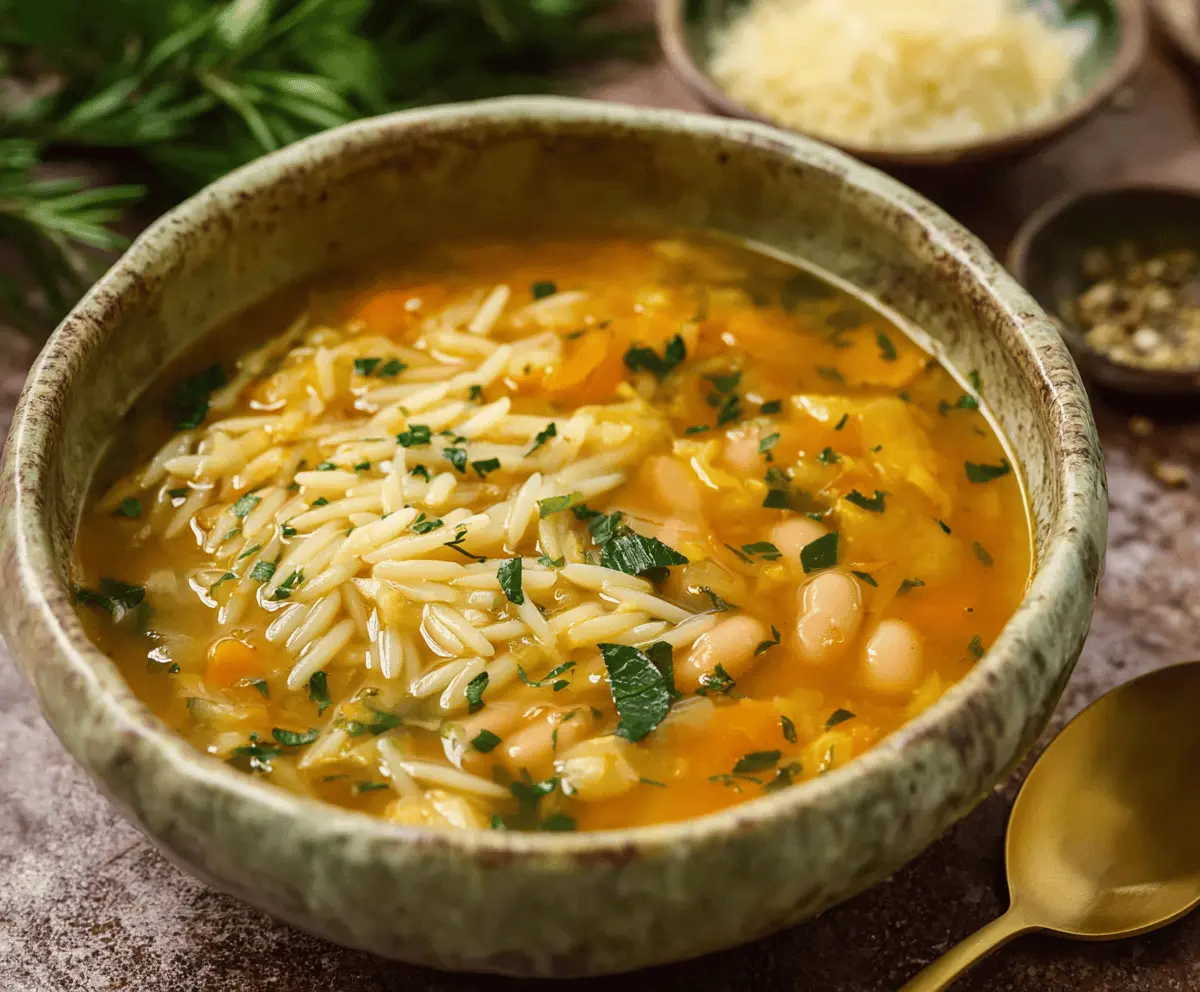 Creamy Italian Penicillin Soup with fresh herbs, vegetables, and cheesy bread garnished on a rustic bowl, perfect for comforting homemade comfort food