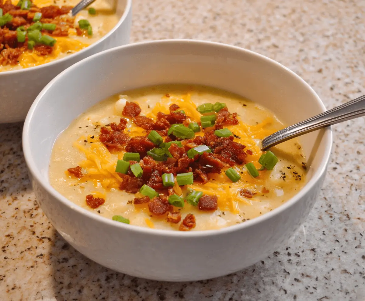Creamy loaded potato soup topped with shredded cheese, crispy bacon, green onions, and sour cream in a rustic bowl, perfect for a comforting meal.