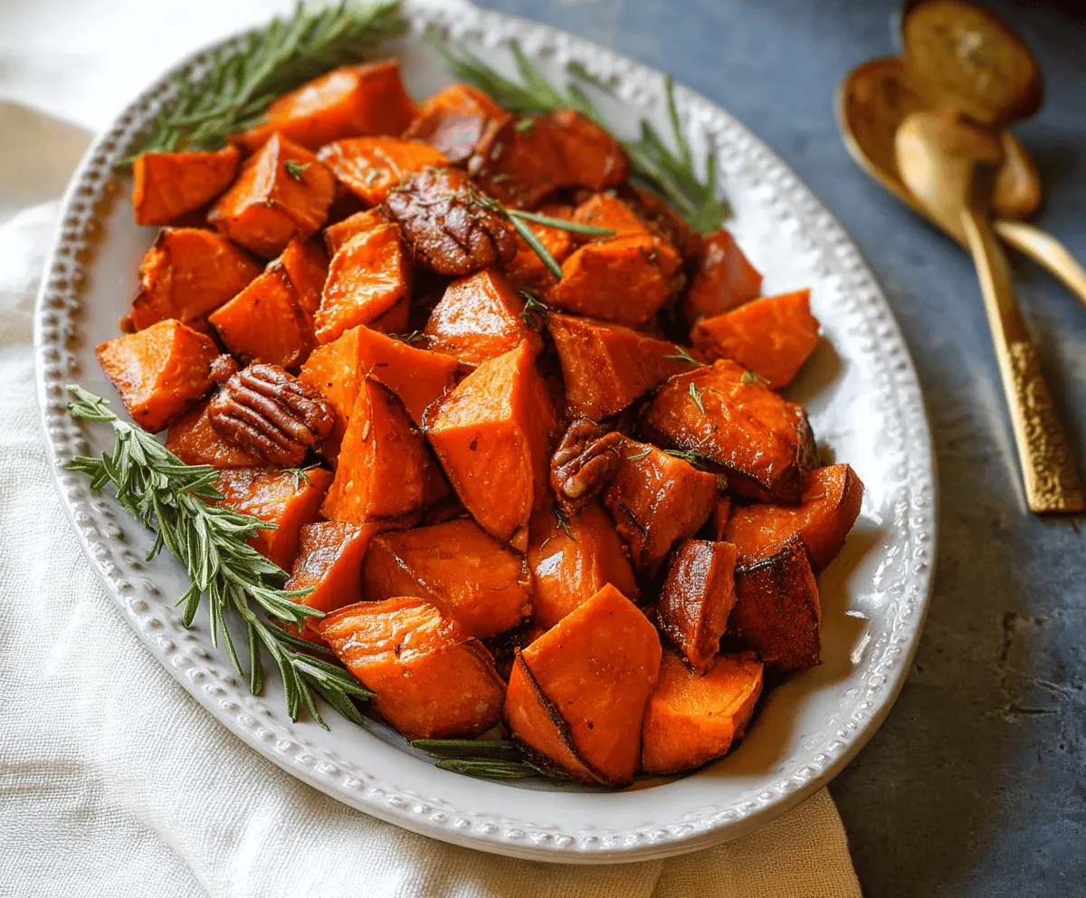 Colorful roasted sweet potatoes glazed with maple syrup, seasoned with herbs, on a baking sheet for a delicious Maple Roasted Sweet Potatoes recipe.