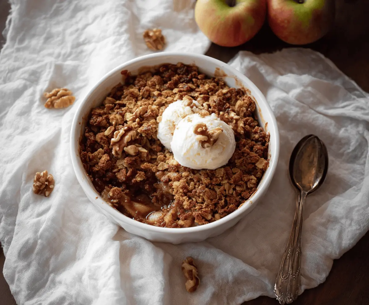 Delicious Maple Walnut Apple Crisp topped with toasted walnuts and served warm, perfect for cozy fall desserts.