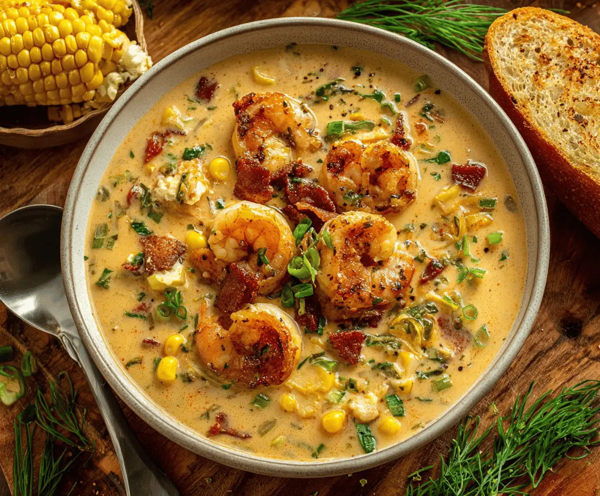 Creamy New Orleans Shrimp and Corn Bisque in a bowl garnished with fresh herbs, showcasing a rich seafood and corn soup perfect for a comforting meal.